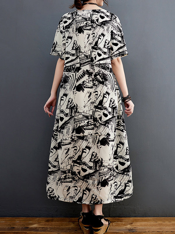 Half Sleeves Loose Abstract Printed Round-Neck Midi Dresses