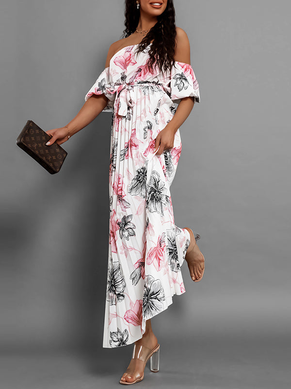 A-Line Loose Elasticity Flower Print Pleated Split-Joint Tied Waist Off-The-Shoulder Maxi Dresses