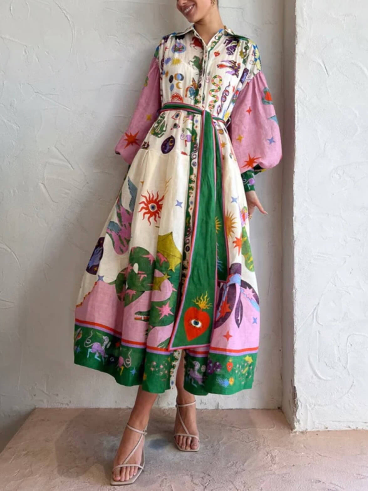 Unique And Beautiful Retro Print Long Sleeve Shirt-Style Midi Dress