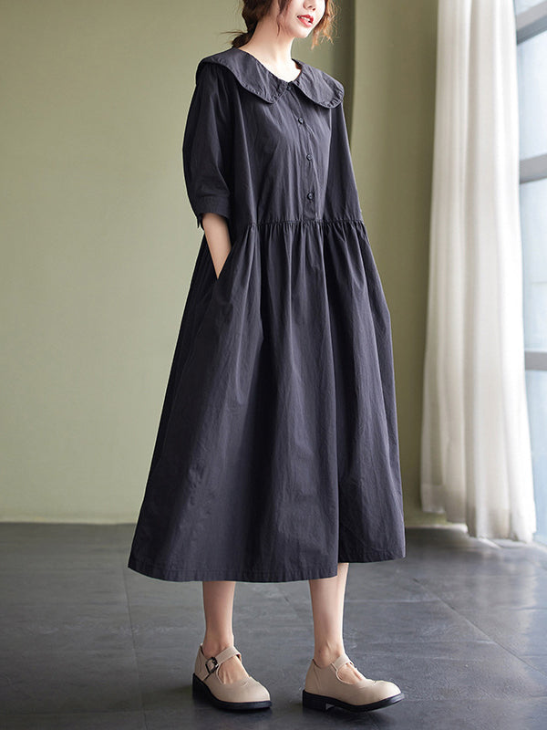 Original Loose Solid Color Buttoned Pleated Midi Dress