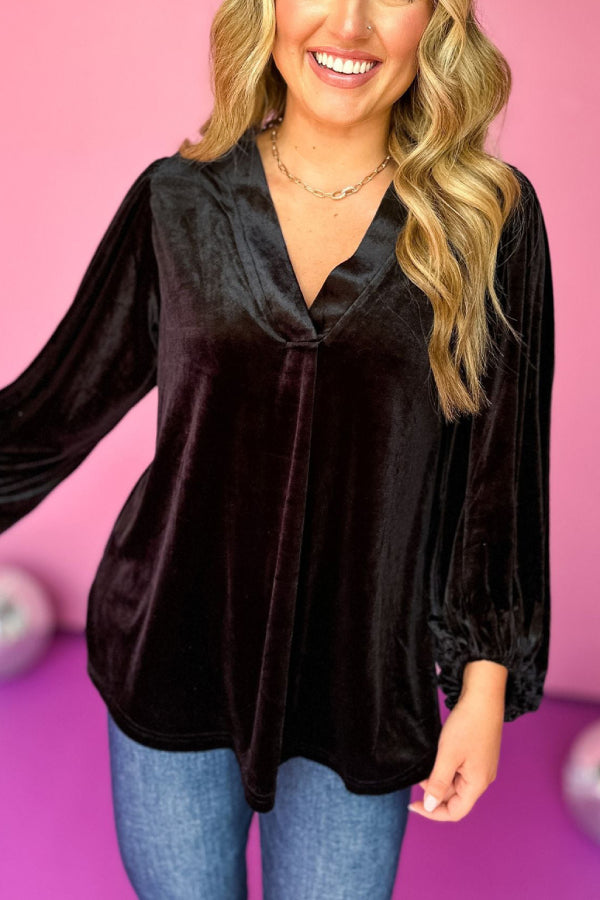 Women's Gold Velvet Long Sleeve Top V Neck Shirt