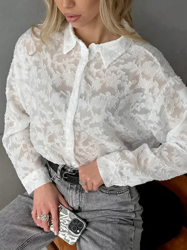 Long Sleeves Loose Jacquard See-Through Split-Joint Lapel Blouses&Shirts Tops