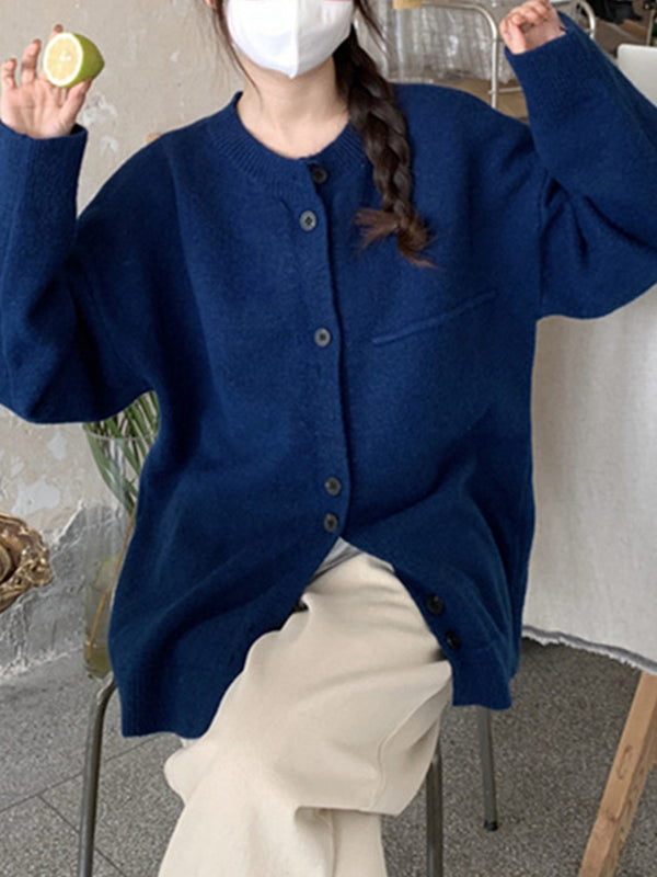 Long Sleeves Loose Buttoned Round-Neck Cardigan Tops