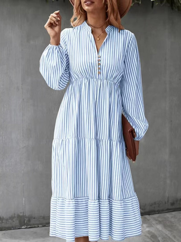 Loose Puff Sleeves Pleated Split-Joint Striped V-Neck Midi Dresses Shirt Dress