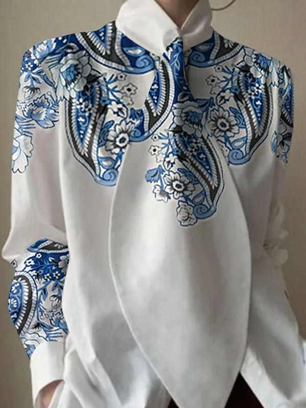 Long Sleeves Loose Flower Print Split-Joint Stand Collar Blouses&Shirts Tops