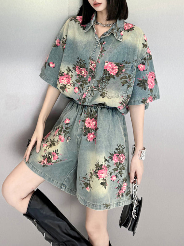 Loose Wide Leg Elasticity Floral Printed Split-Joint Shorts Bottoms