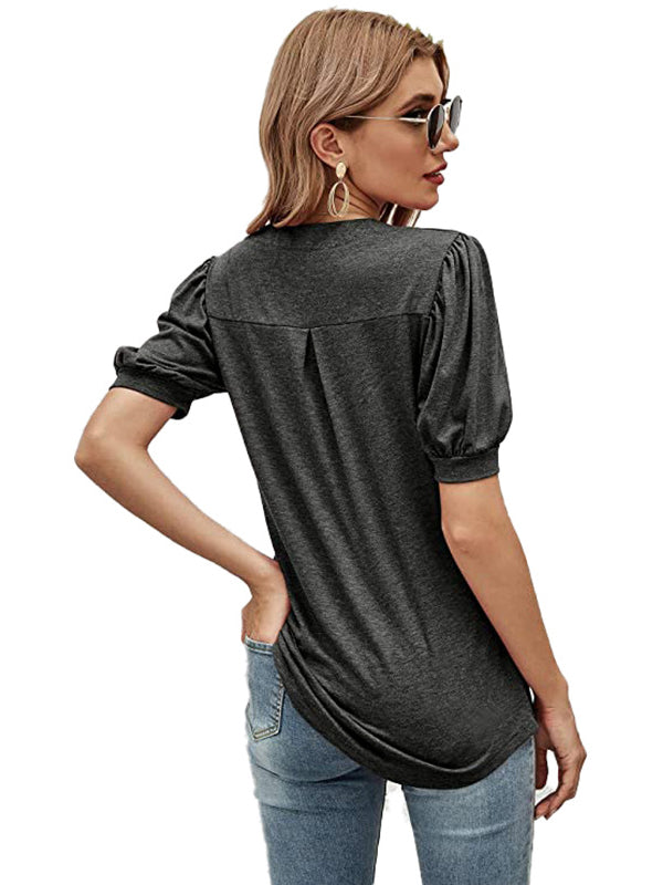 Simple Solid Color V-Neck Puff Sleeves T-Shirt Top