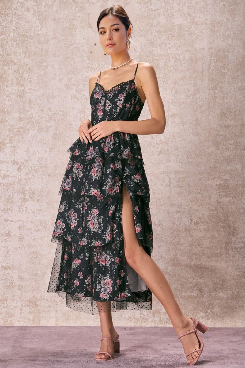 Sabrina Floral Tiered Slit Midi Dress