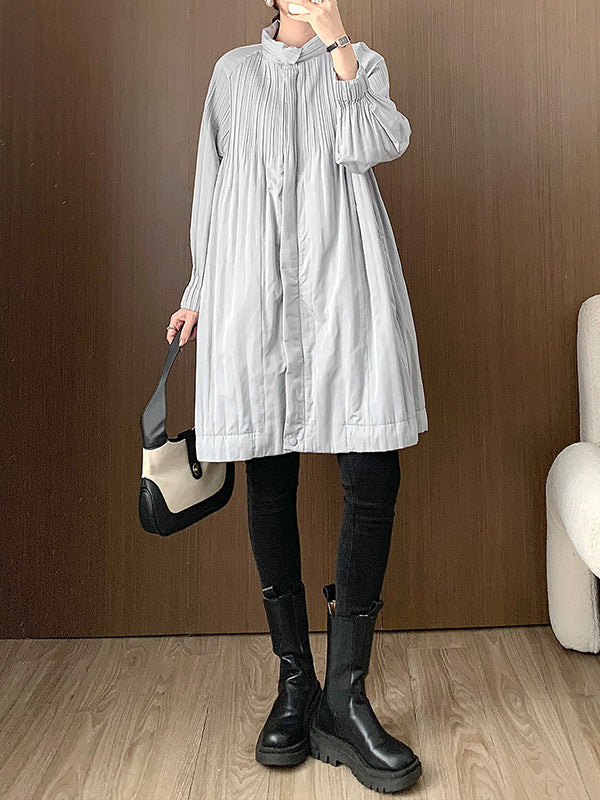 Long Sleeves Loose Pleated Quilted Solid Color Zipper Asymmetric Collar Padded Coat