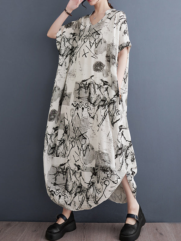 Irregular Clipping Loose Printed V-Neck Maxi Dresses