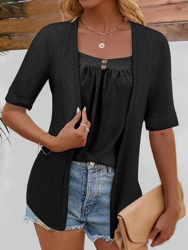 False Two Loose Buttoned Pleated Solid Color Square-Neck T-Shirts Tops