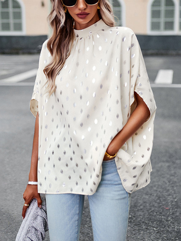 Loose Bandage Polka Dot Round-Neck Blouses&Shirts Tops