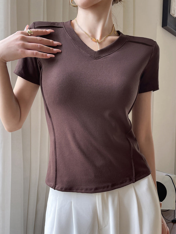 Short Sleeves Skinny Solid Color Split-Joint V-Neck T-Shirts