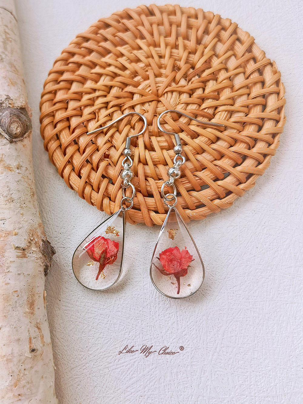 Red Rose Dried Flower Drop Earrings