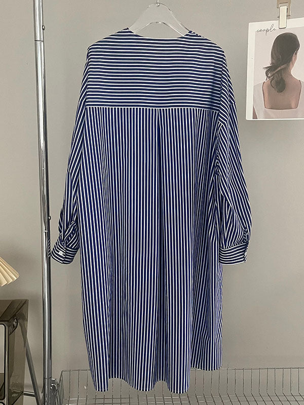 Long Sleeves Loose Striped Round-Neck Midi Dresses Shirt Dress