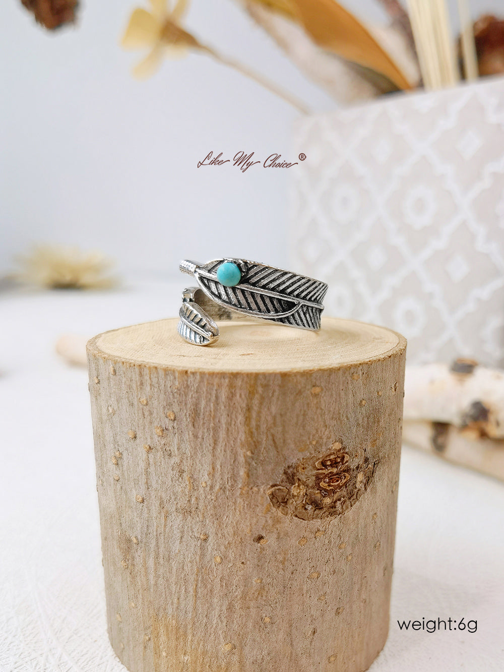 Turquoise Band Feather Boho Silver Ring