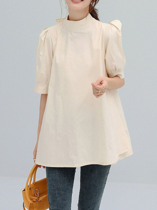 Half Sleeves Loose Bowknot Pleated Solid Color Mock Neck Blouses&Shirts Tops