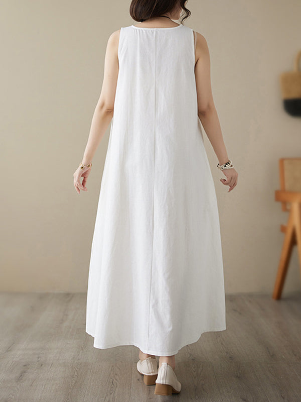 Loose Sleeveless Solid Color Round-Neck Midi Dresses