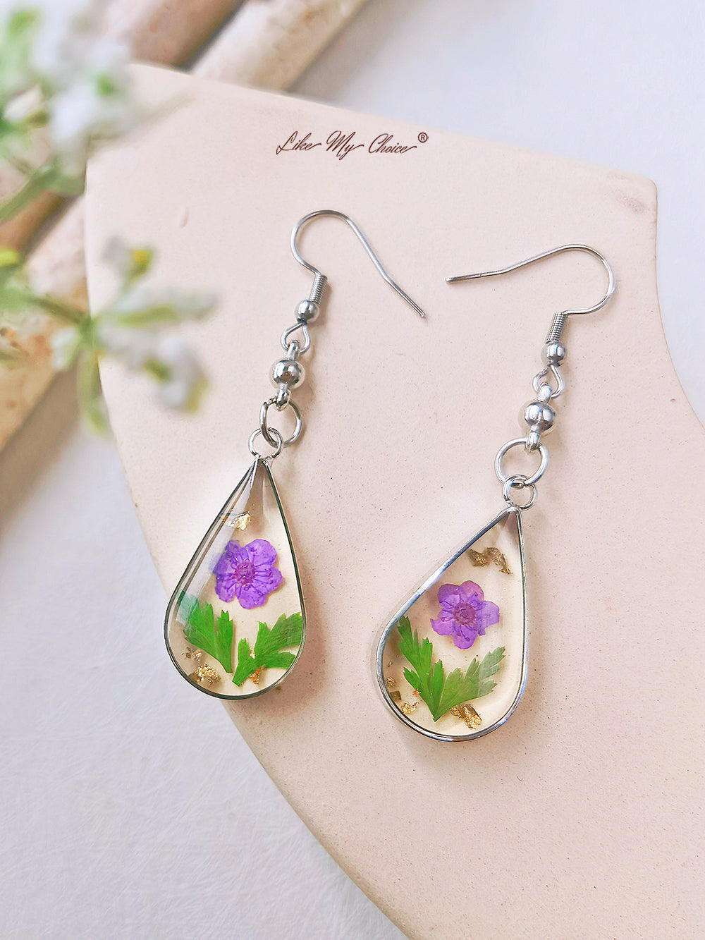 Purple Forget-me-not Gold Leaf Earrings