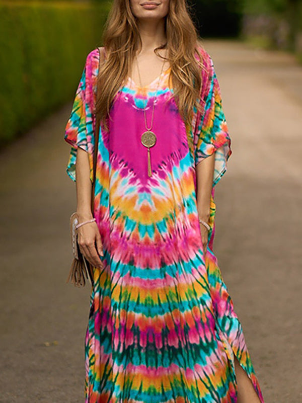 Batwing Sleeves Loose Split-Side Tie-Dyed V-Neck Beach Cover-Up Maxi Dresses