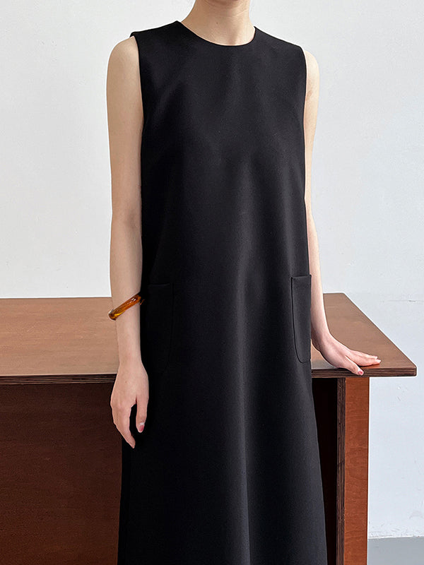 Loose Sleeveless Solid Color Round-Neck Midi Dresses