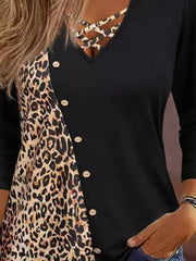 Long Sleeves Loose Buttoned Leopard Split-Joint V-Neck T-Shirts Tops