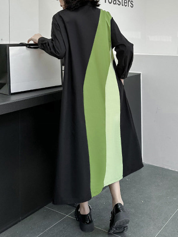 Long Sleeves Loose Asymmetric Buttoned Contrast Color Split-Joint Lapel Midi Dresses Shirt Dress