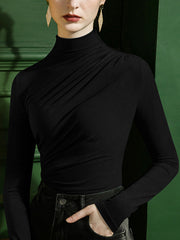 Long Sleeves Skinny Pleated Solid Color Half Turtleneck T-Shirts Tops