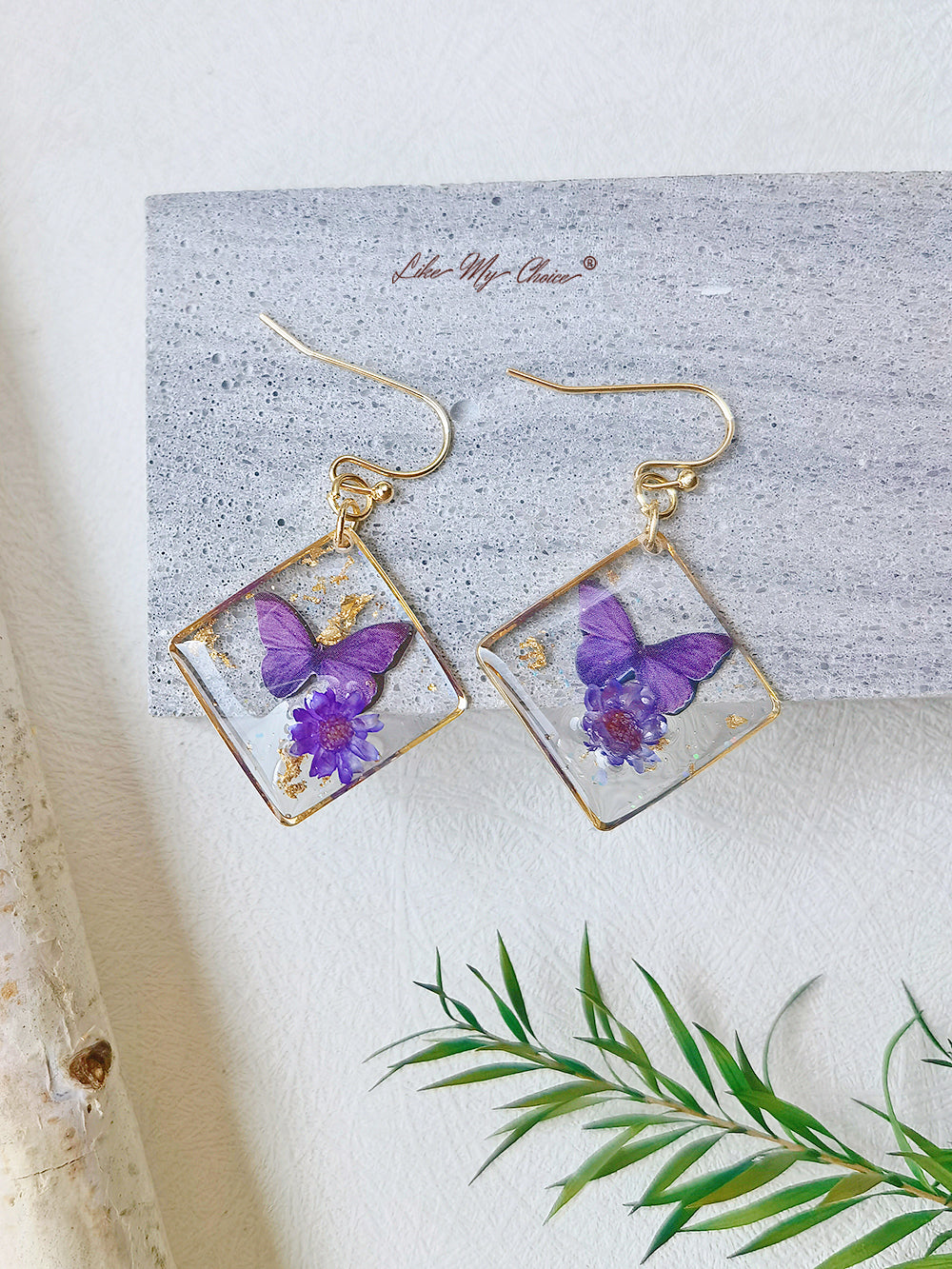 Gypsophila Dried Flower Butterfly Square Earrings