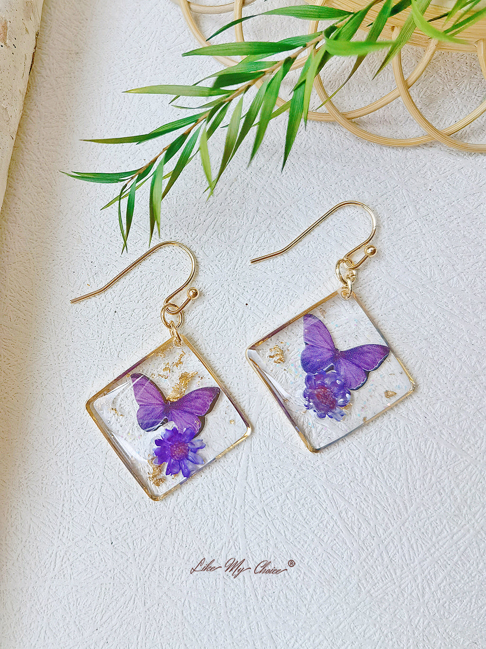 Gypsophila Dried Flower Butterfly Square Earrings