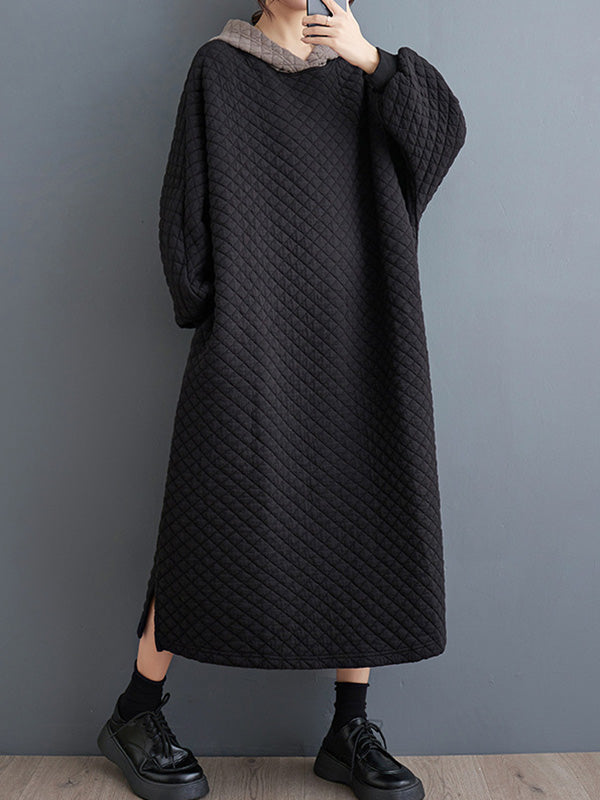 A-Line Long Sleeves Hooded Quilted Split-Side Midi Dresses