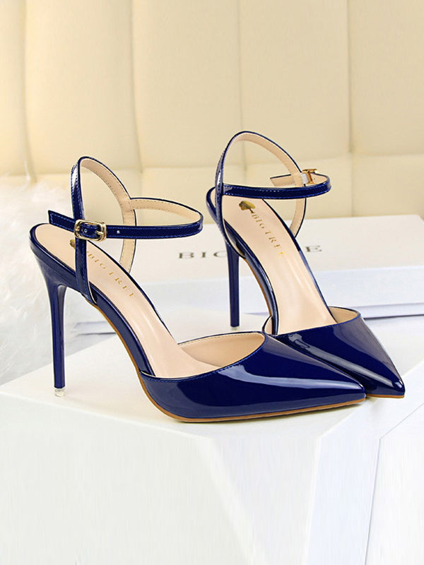 Belt Buckle Pointed-Toe Shiny Split-Joint Pumps Sandals