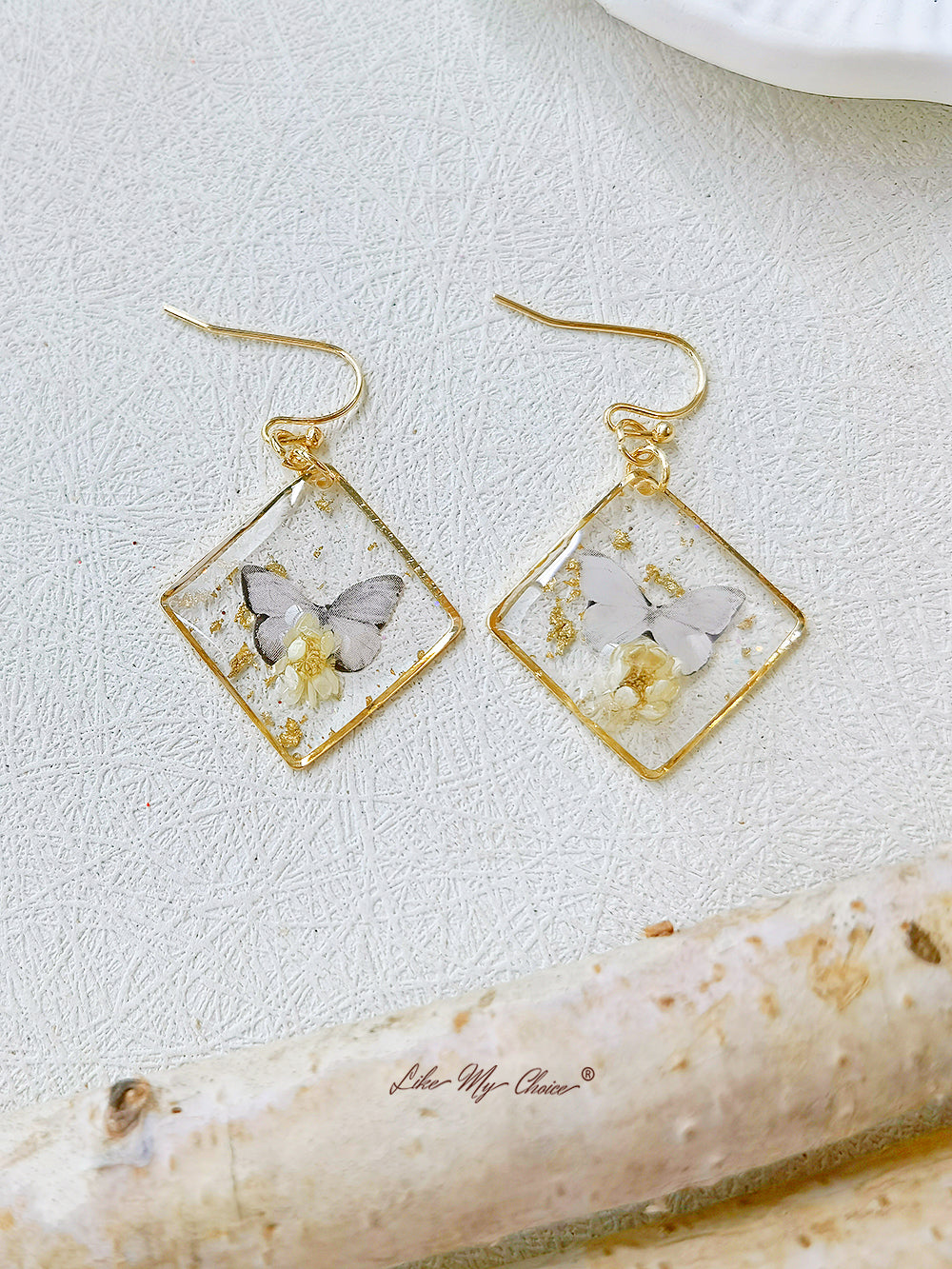 Gypsophila Dried Flower Butterfly Square Earrings