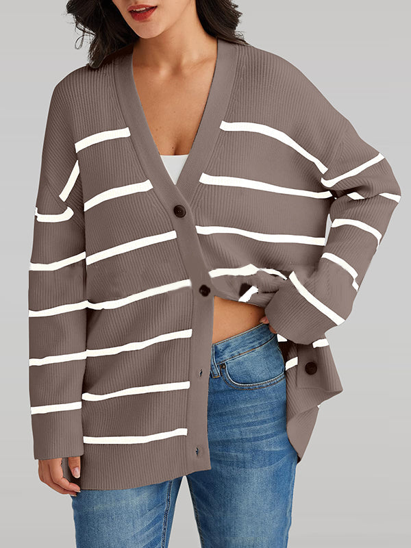 Long Sleeves Loose Split-Joint Striped V-Neck Cardigan Tops