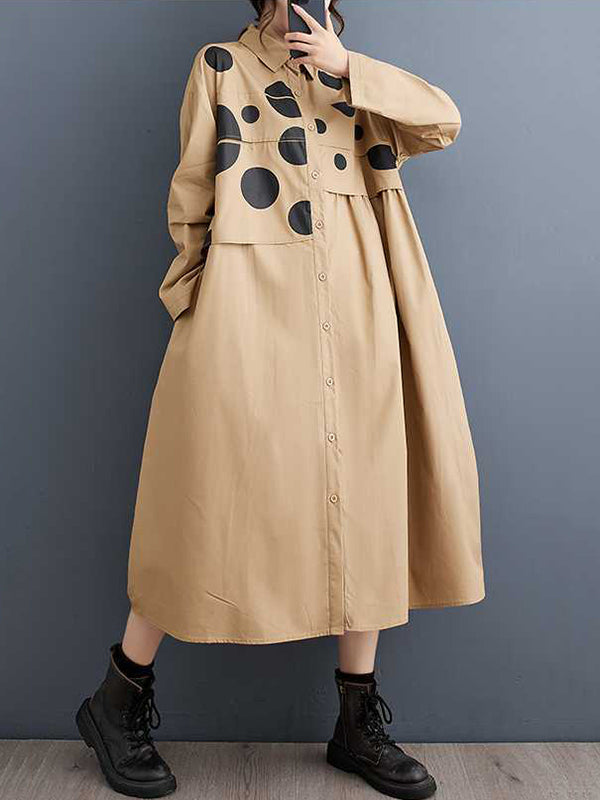 A-Line Long Sleeves Asymmetric Buttoned Polka Dot Split-Joint Lapel Midi Dresses