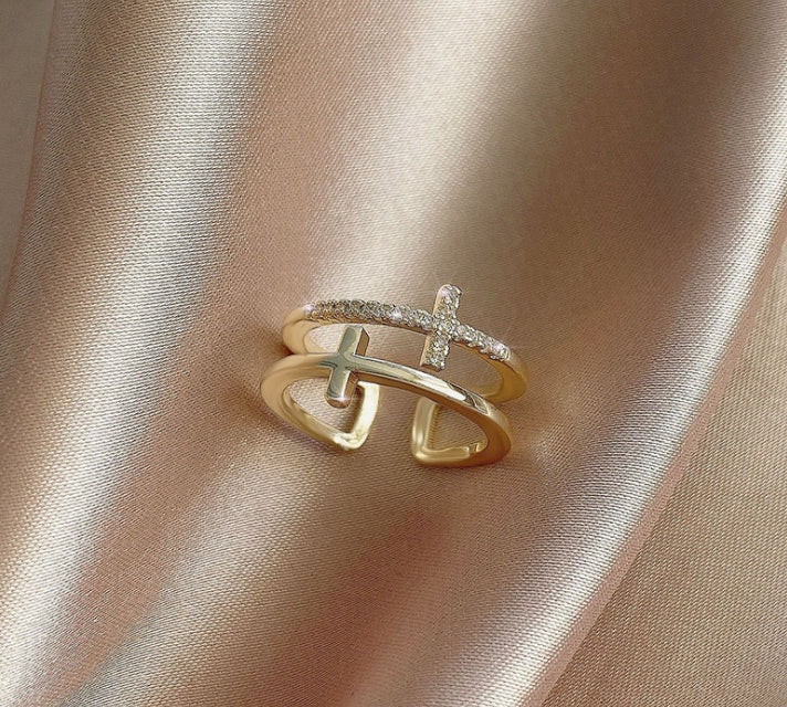 Dual Cross Zircon Ring - Minimalist Copper Band