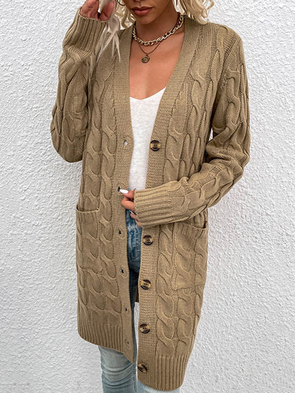 Urban Simple Loose Buttoned Solid Color Jacquard Cardigan Coat