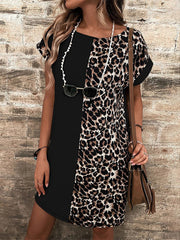 Loose Raglan Sleeve Contrast Color Leopard Pockets Round-Neck Mini Dresses