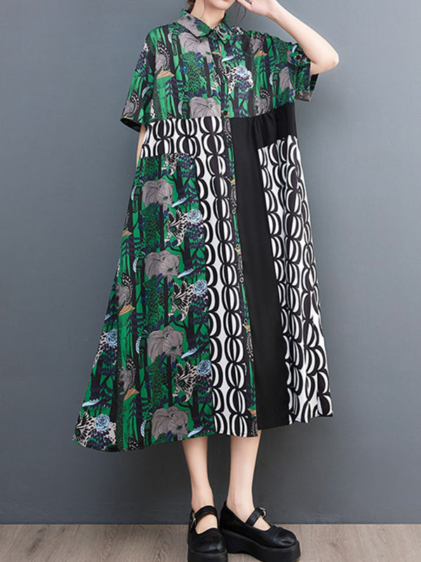 Short Sleeves Loose Printed Split-Joint Lapel Midi Dresses Shirt Dress