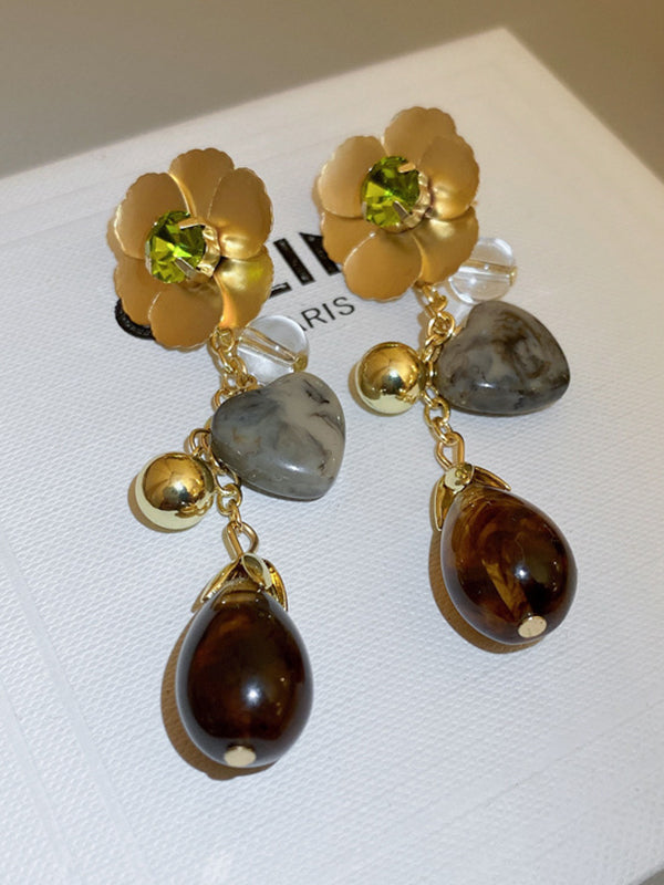 Flower Shape Geometric Rhine Stones Solid Color Split-Joint Drop Earrings