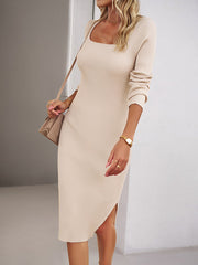 Long Sleeves Skinny Solid Color Split-Side Square-Neck Sweater Dresses