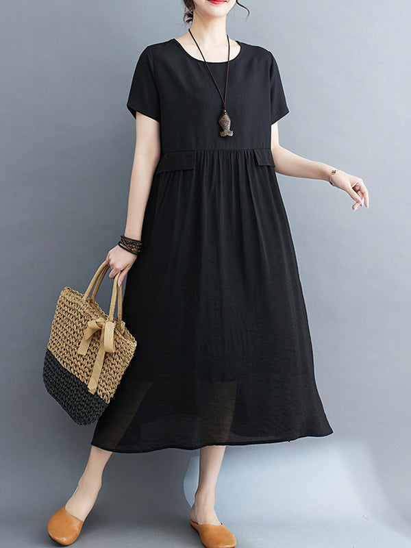 Loose Short Sleeves Gauze Solid Color Split-Joint Round-Neck Midi Dresses