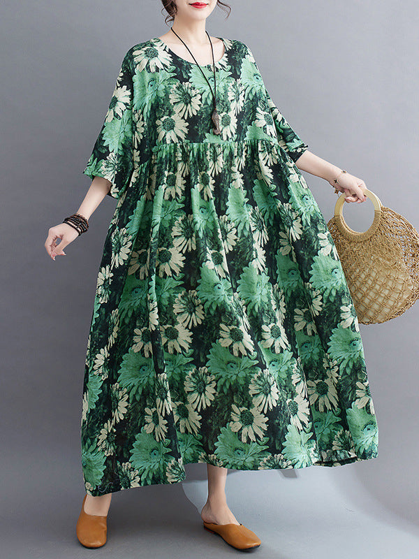 Loose Raglan Sleeve Floral Printed Pleated Split-Joint Round-Neck Midi Dresses