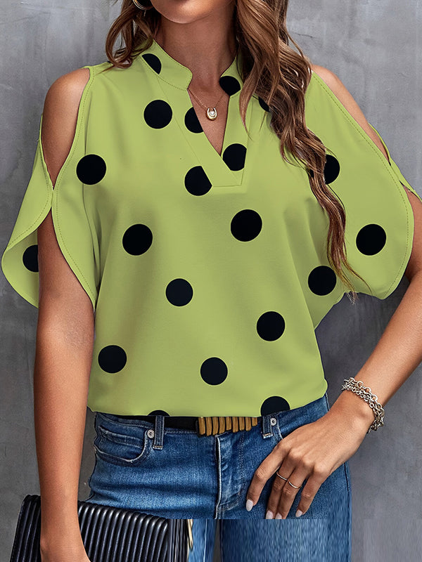 Half Sleeves Loose Hollow Polka-Dot Split-Joint Cold Shoulder Blouses&Shirts Tops