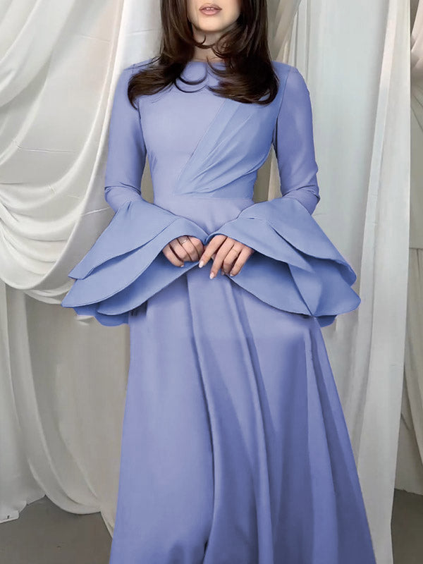 A-Line Flared Sleeves Pleated Solid Color Round-Neck Midi Dresses