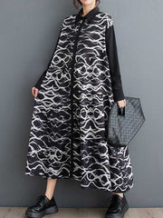 A-Line Long Sleeves Buttoned Contrast Color Printed Lapel Midi Dresses Shirt Dress