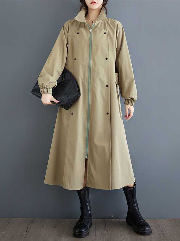 Long Sleeves Loose Buttoned Elasticity Pockets Split-Joint Zipper Lapel Outerwear Trench Coats