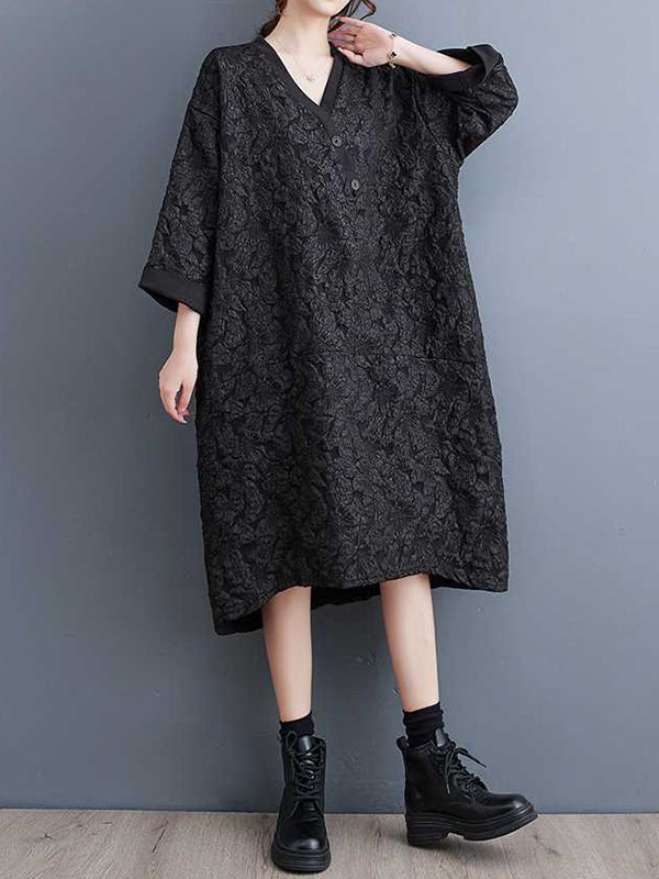 A-Line Half Sleeves Asymmetric Buttoned Jacquard V-Neck Midi Dresses