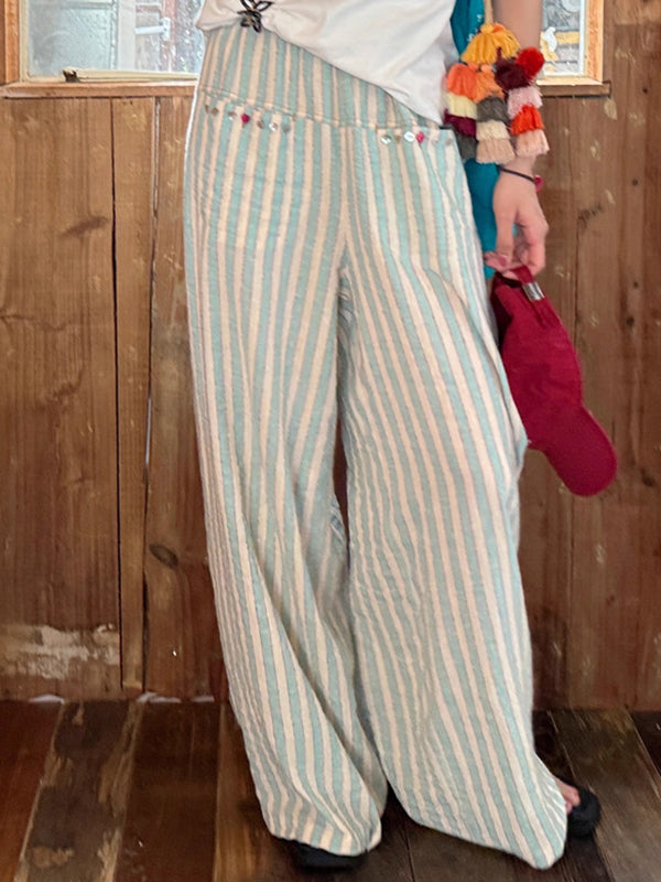 High Waisted Loose Split-Joint Striped Pants Trousers