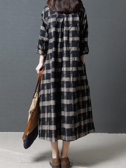 Loose Plaid Plus Size Ramie Cotton Blouse Midi Dresses